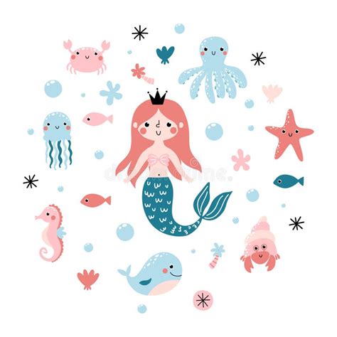 Vector Set With Cute Princess Mermaid And Sea Animals Stock