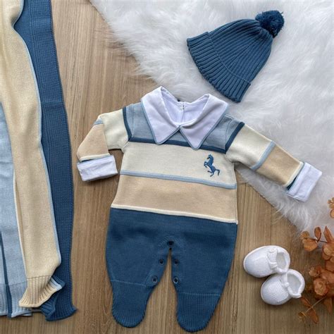 Saída Maternidade Tricot Bebê Menino Príncipe Noa Tricô Tons De Azul E