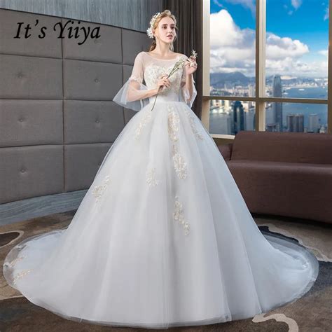 Buy Its Yiiya Wedding Dresses 2019 Gold Beading Lace Train Bride Gown Trailing