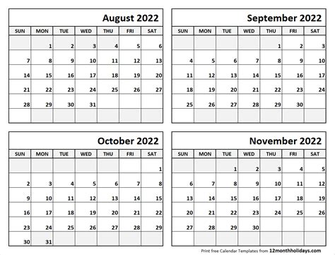 Print August To November 2022 Calendar Template 4 Month Calendar