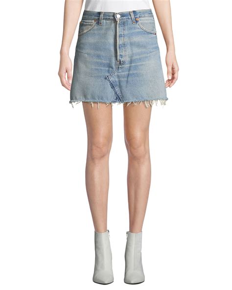Redone Vintage High Rise Frayed Denim Mini Skirt Neiman Marcus
