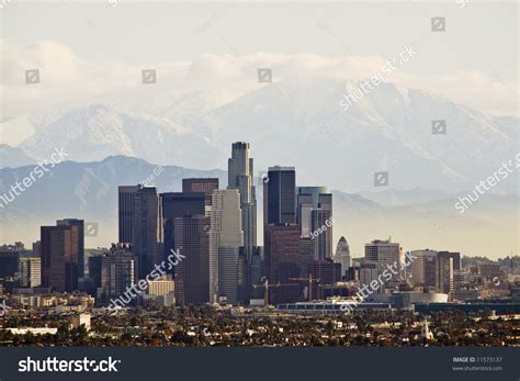 Cityscape Downtown Los Angeles Mountains Clouds Stock