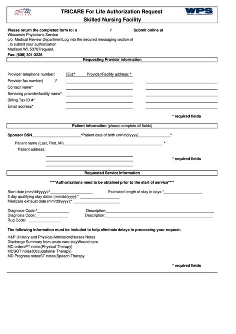Fillable Tricare For Life Authorization Request Form Skilled Nursing