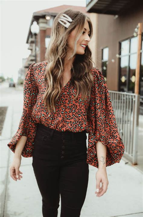 Cute Fall Tops For The Office Animal Print Tops With Bell Sleeves