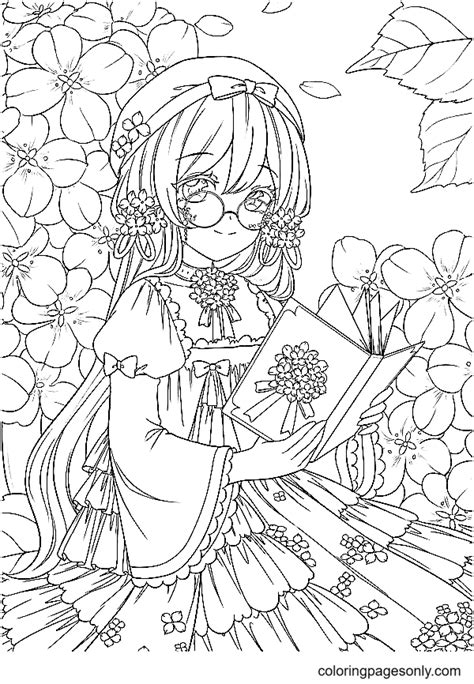 Beautiful Anime Girl Wearing Reading Glasses Coloring Page Free Printable Coloring Pages