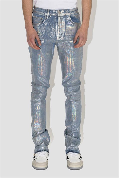 Flared Jeans In Shiny Silver Waxed Denim Ready To Wear Denim Jeans