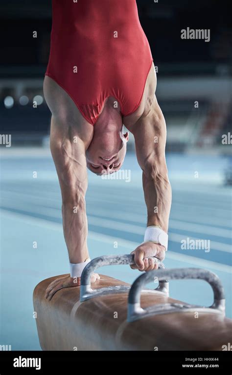 Male Gymnast Performing Upside Down Handstand On Pommel Horse Stock