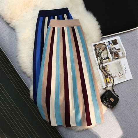 TIGENA Contrast Striped Knitted Long Skirt For Women 2023 Autumn Winter