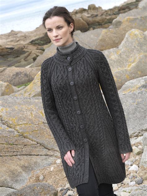 irish merino wool ladies aran knit flared coat ebay