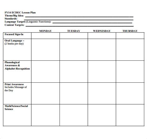 Printable Preschool Lesson Plan Template Printable Templates