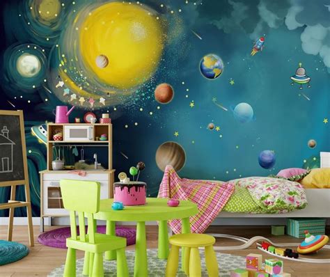 Blue Space Wallpaper Kids Bedroom Wall Mural Peel And Stick Etsy In