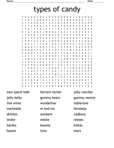 Types Of Candy Word Search Wordmint