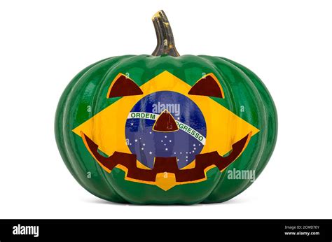 Halloween In Brazil Concept Evil Carved Pumpkin With Brazilian Flag 3d Rendering Isolated On