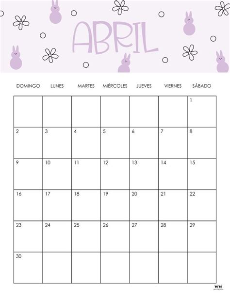 A Calendar With The Word Abril Written In Purple And White Flowers On