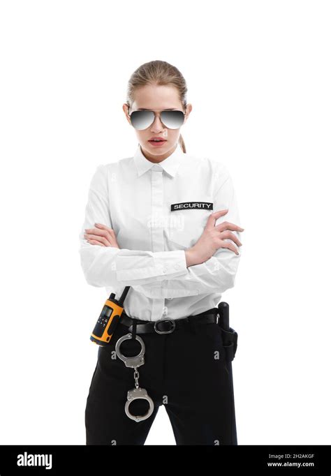 Female Security Guard In Uniform On White Background Stock Photo Alamy