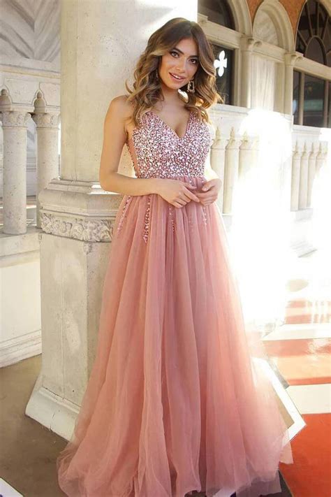 A Line Dusty Rose Long Tulle Prom Dresses Beading Bodice V Neck Formal Dress Okh49 Okdresses