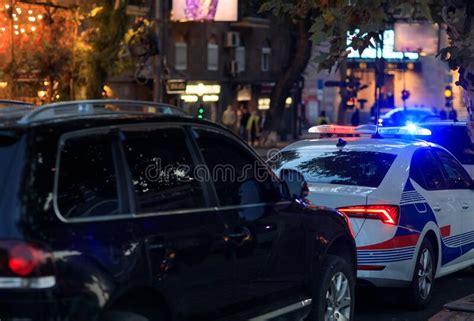 Police Car In Night Light City Stock Image Image Of Surveillance