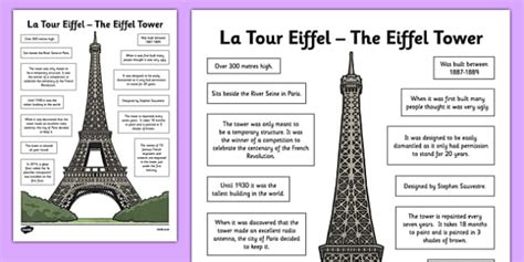 Eiffel Tower Fact Sheet Cfe Second Level Landmarks Paris France