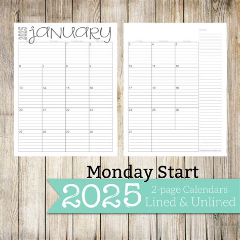 Monday Start Page Lined Unlined Monthly Calendars X Jan