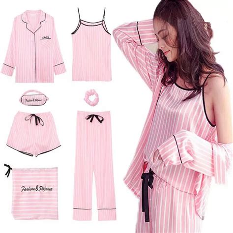 Kawaii Women Pajamas Set Satin Silk Pink 7 Pieces Sets Cute Korea Style