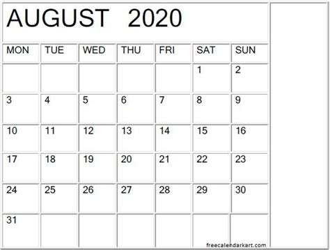 August 2020 Calendar Template In Word Excel And Pdf