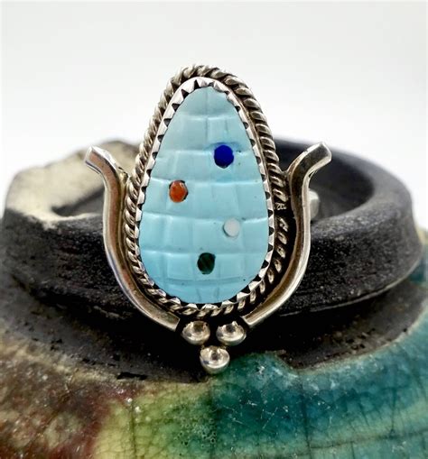 Vintage Zuni Sterling Ring Bevery Estate Carved Turquoise Corn Ring Sz