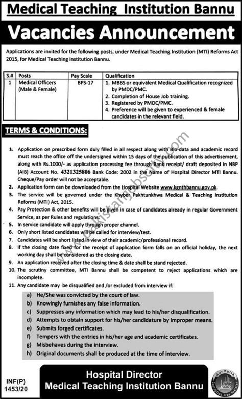 Medical Teaching Institution Bannu Jobs Medical Officers