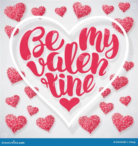 Be My Valentine Vector Illustration Hand Drawing Lettering Design With Glitter Pink Hearts