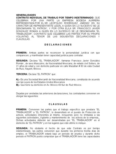 Contrato Individual De Trabajo Pdf México Liquidación