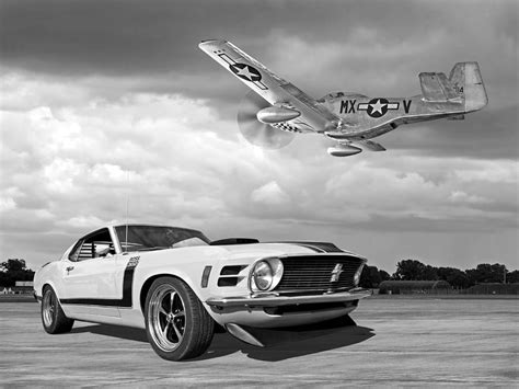 1970 Boss 302 Mustang With P 51 Black And White Photograph By Gill