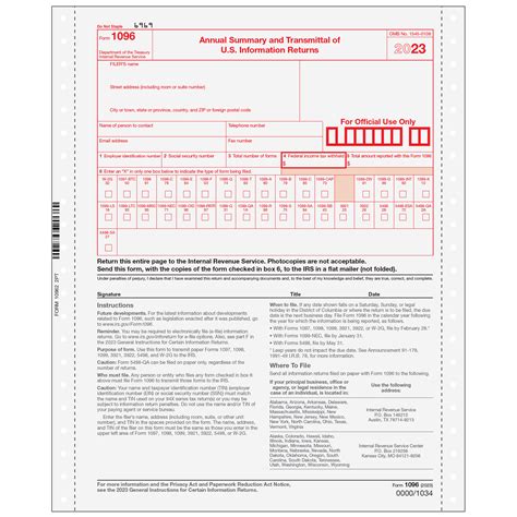 Form 1096 1096052 Annual Summary Of Information Returns