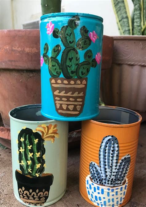 Hand Painted Tin Cans Repurpose Pots Etsy Painted Tin Cans