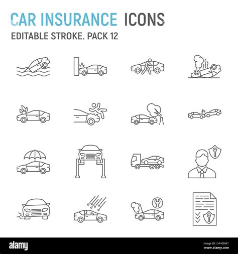 Car Insurance Line Icon Set Car Accident Collection Vector Graphics