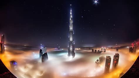 Wallpaper Uae Dubai Burj Khalifa Skyscrapers Night Fog Lights