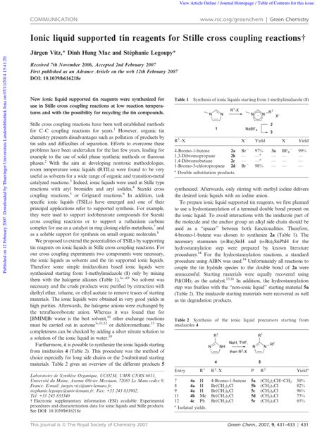Pdf Ionic Liquid Supported Tin Reagents For Stille Cross Coupling