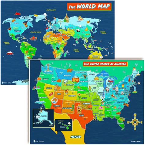 Usa And World Map Poster 2 Pack For Kids Laminated Large Illustrated Y