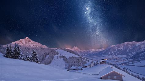 Download Star Night Starry Sky Milky Way Sky Forest Snow Winter House