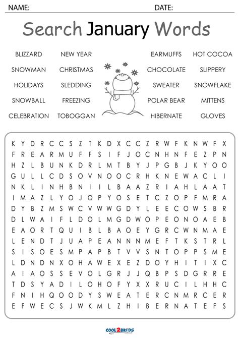 Printable January Word Search Cool2bkids