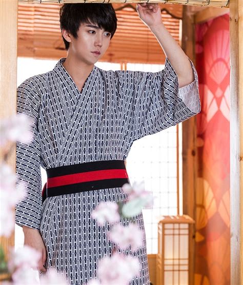 2019 Male Japanese Traditional Kimono With Obi Mens Cotton Robe Yukata