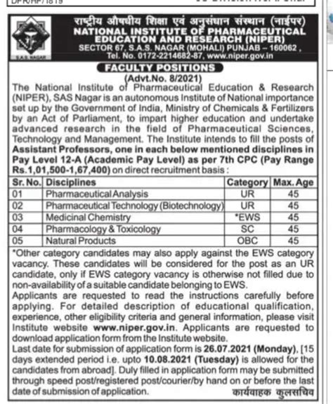 Punjab News Online Niper Chandigarh Recruitment 2021 Apply