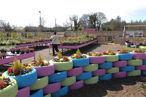 The process starts by placing a cardboard sheet under the tyre, adding some chitted potatoes and covering it with mud. Upcycled tyre wall at Ashtree Garden Centre, painted in ...