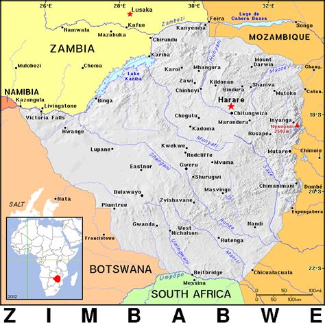 It straddles an extensive high inland plateau that drops northwards to the zambezi valley where the border with zambia is and similarly drops southwards to the limpopo valley and the border with south africa. Zimbabwe Atlas Map