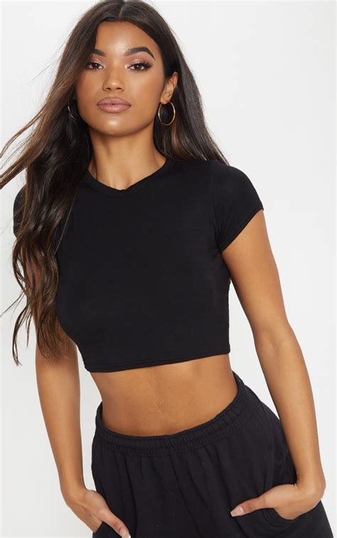 Basic Black Cotton Cropped T Shirt Tops Prettylittlething Ca