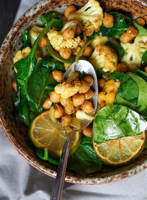 A tart dressing such as the ones above is best with this vegetarian spinach salad. Vegan Spiced Chickpea & Cauliflower Spinach Salad