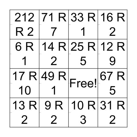Division Bingo With Remainders Bingo Card