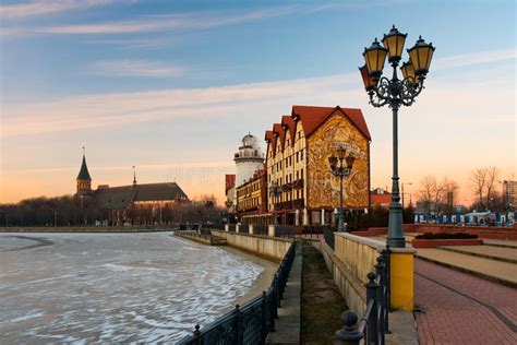 Winter Fishing Village And Kant S Cathedral Kaliningrad Stock Image