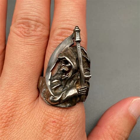 Vintage Grim Reaper Death Sterling Silver Biker Ring Gem