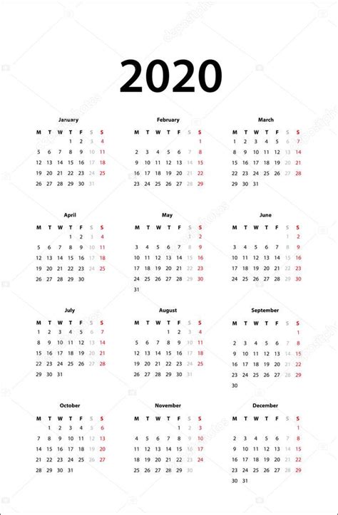 Calendar 2020 Simple Calendar Template 2020 — Stock Vector © hanohiki ...