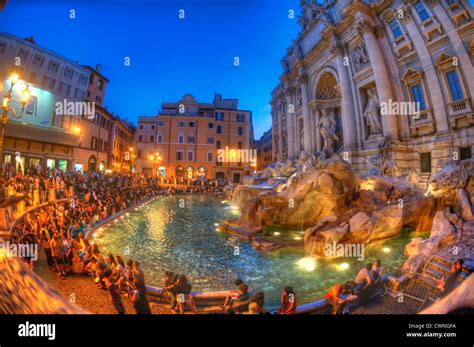 Hdr Fisheye Of The Crowds Of Tourists Gathered At The Trevi Fountain In