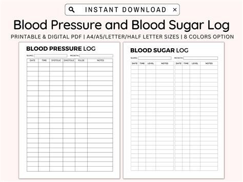 Blood Sugar Log Printable Blood Pressure Log Printable Blood Etsy